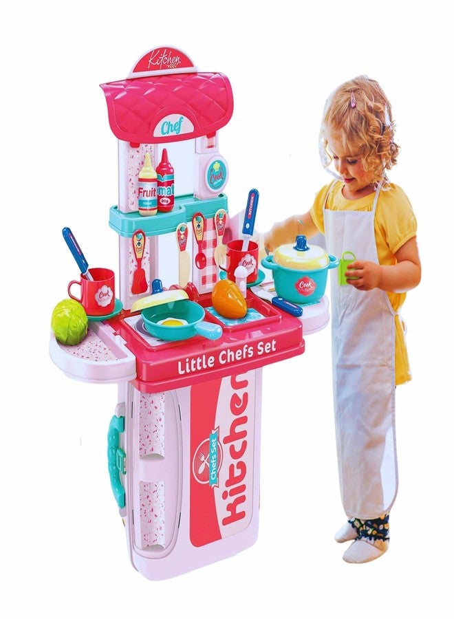 Sakuya Plastic 3 In 1 Kitchen Set Toy For Girls And Boys Kids With Suitcase Model (Pink) | Portable Pretend Little Chef Play Realistic Cooking Accessories Set Toy For Toddler Kids - Image 1